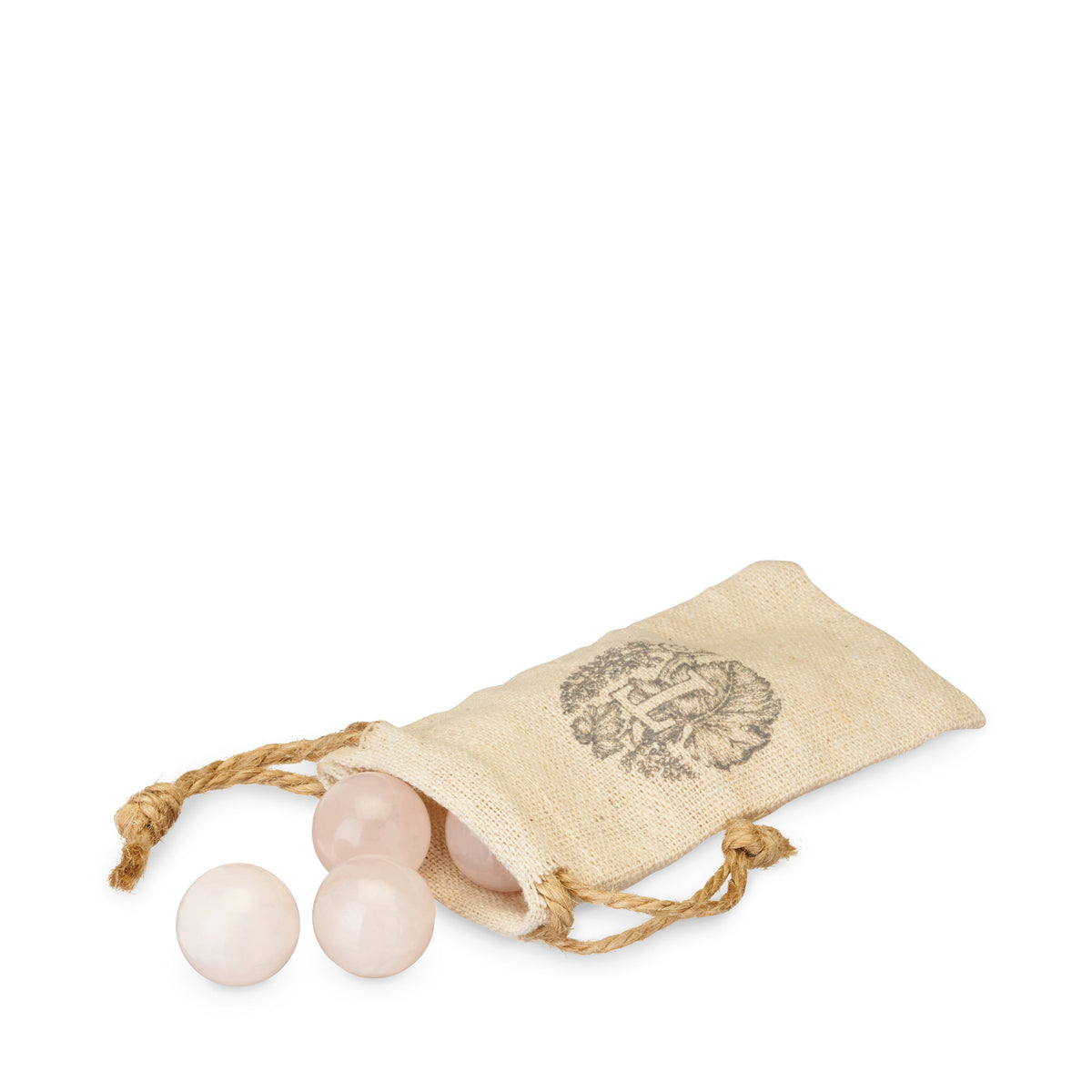 Pink rose quartz wine gems spilling from a cream drawstring storage pouch.