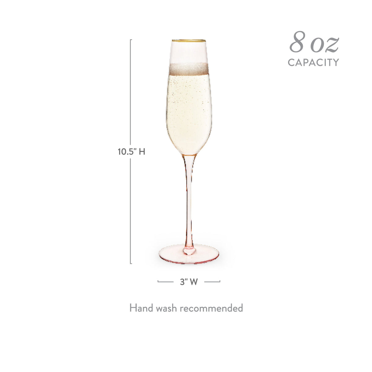 Champagne flute with measurements and capacity details on a white background