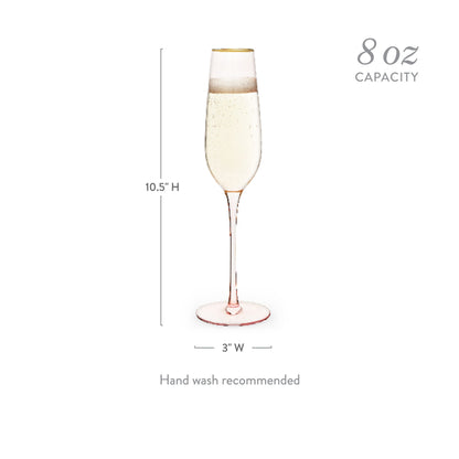 Champagne flute with measurements and capacity details on a white background