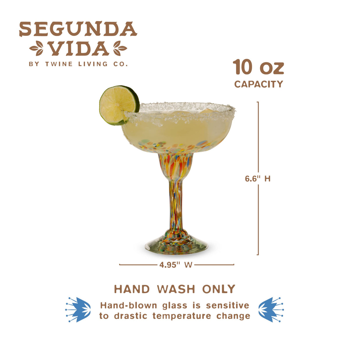 Margarita glass size and care guide: 10-ounce capacity, 6.6-inch height, 4.95-inch width; hand wash only and avoid drastic temperature changes.