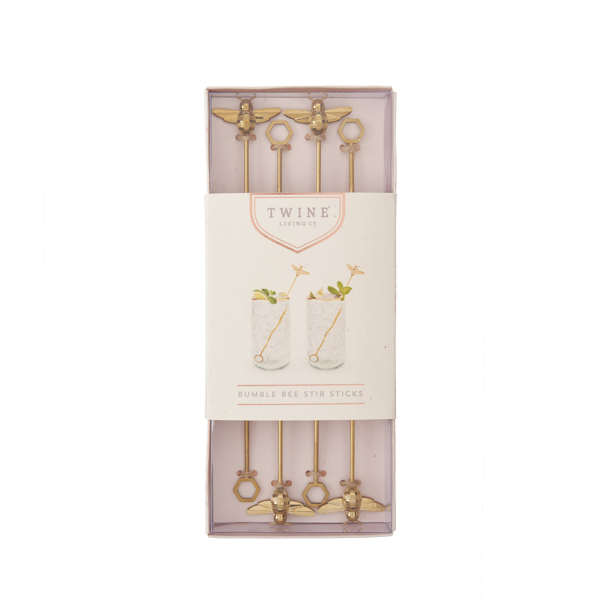 Twine Living set of four gold bumble bee stir sticks in retail packaging.