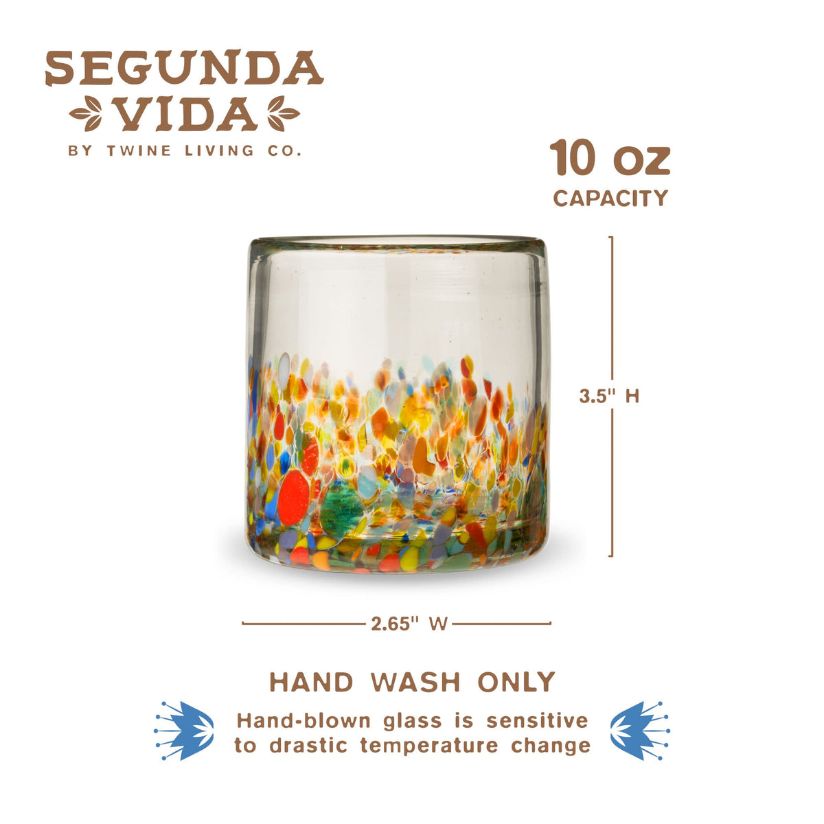 Artistico tumbler size and care guide: 10-ounce capacity, 3.5 inches high and 2.65 inches wide; hand wash only and avoid drastic temperature changes.